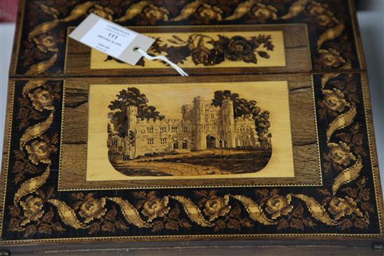 A Tunbridge ware rosewood Battle Abbey mosaic writing slope, 12in.